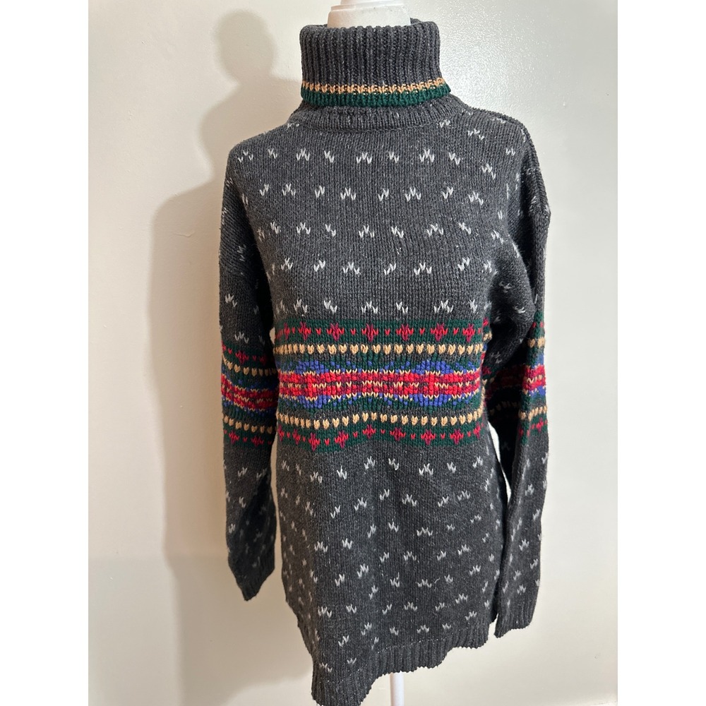 Vintage Fair Isle Turtleneck Sweater Gray Multi Color Knit Pullover